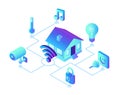 Smart home system concept. 3D isometric remote house control system. IOT concept. Smart home connection and control with devices