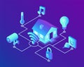 Smart home system concept. 3D isometric remote house control system. IOT concept. Smart home connection and control with