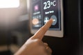 Smart home system, wall and woman hands with digital app monitor for thermostat heating, temperature control or house Royalty Free Stock Photo
