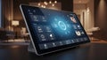 Smart Home Tablet Interface with Futuristic UI, Control Panel, and App Icons Royalty Free Stock Photo