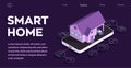 Smart home technology conceptual banner. Building connected with icons of domestic smart devices. Vector illustration