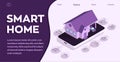 Smart home technology conceptual banner. Building connected with icons of domestic smart devices. Vector isometric Royalty Free Stock Photo