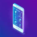 Smart home technology 3D isometric interface on smartphone app screen. Remote home control system on smartphone. User interface of