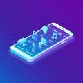 Smart home technology 3D isometric interface on smartphone app screen. Remote home control system on smartphone. User