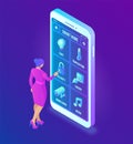 Smart home technology 3D isometric interface on smartphone app screen. Remote home control system on smartphone. User