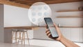 Smart home technology interface on phone app, augmented reality, internet of things, interior design of kitchen with connected