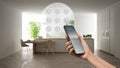 Smart home technology interface on phone app, augmented reality, internet of things, interior design of modern kitchen with Royalty Free Stock Photo