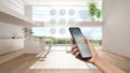 Smart home technology interface on phone app, augmented reality, internet of things, interior design of modern kitchen with Royalty Free Stock Photo