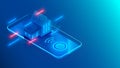 Smart home technology on screen smartphone on blue background. Internet of things conceptual isometric illustration. Digital House