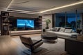 smart home with voice-activated lighting and temperature, surround sound, and remote control tv Royalty Free Stock Photo