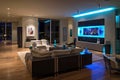 smart home with voice-activated lighting and temperature, surround sound, and remote control tv Royalty Free Stock Photo