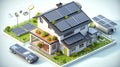 electric clean energy smart home with solar panels roof