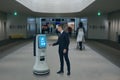 Smart hotel in hospitality industry 4.0 concept, the receptionist robot robot assistant in lobby of hotel or airports always w