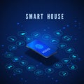 Smart House Banner. Smartphone with Fingerprint on Screen and Icons Set. Smart Home Monitoring and Control Systems. Vector