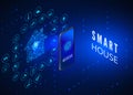 Smart House concept. Mobile phone monitoring and controls all smart system in house. Access to smart system using mobile phone Royalty Free Stock Photo
