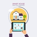 Smart house. Home control application concept. Hand holding tabl Royalty Free Stock Photo
