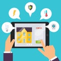 Smart house. Home control application concept. Hand holding tablet with home control application. Technology system with