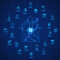 Smart house or IOT concept. Remote monitoring and control smart house. House circuit and smart home function icons. Vector