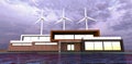 Smart house with a lake on the territory of a wind farm. Thunderclouds and three wind turbines in the background. 3d render