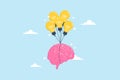 Smart human brain flying alongside lightbulb idea balloons, illustrating creativity and intelligence in achieving success