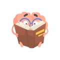 Smart humanized cartoon brain character reading a book, intellect human organ vector Illustration