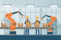 smart industrial factory in a flat style with workers, robots and assembly line packing Royalty Free Stock Photo