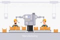 smart industrial factory in a flat style with workers, robots and assembly line packing