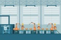 Smart industrial factory in a flat style with workers, robots and assembly line packing Royalty Free Stock Photo