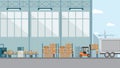 Smart industrial factory in a flat style with workers, robots and assembly line packing Royalty Free Stock Photo