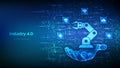 Smart Industry 4.0 icon made with binary code in hand. Factory automation. Autonomous industrial tech icons connections.