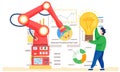 Smart industry new business idea. Developer worker controlling robotic arm, modernized machine
