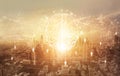 Smart intelligent communication. Abstract Brain with network and connection technology on modern city background. Networking.