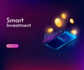 Smart Investment illustration concept with isometric realistic high detailed phone and 3d coins. Neon glow, modern style