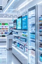 Smart IoT integration, Futuristic retail environment with digital displays, automated checkout, and smart IoT integration.