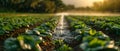 Smart Irrigation in Lush Fields at Golden Hour. Concept Sustainable Agriculture, Efficient Water Royalty Free Stock Photo