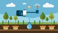 A smart irrigation system utilizes drip irrigation technology to precisely deliver water to plant roots.. Vector Royalty Free Stock Photo