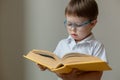 smart kid holds a thick book in his hands, the boy wears glasses Royalty Free Stock Photo