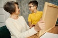 Teacher helping child study math at home Royalty Free Stock Photo