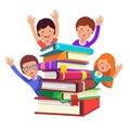 Smart kids waving hands from the book pile