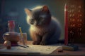 Smart kitten does homework. AI generated