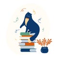 Smart kitten is a literary fan. Funny cartoon cat sits on a stack of books. Hand drawn happy animal character. Cat likes to read.