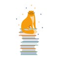 Smart kitten student reads a lot of books. Cute cartoon cat with glasses sitting on a stack of textbooks. Hand-drawn animal