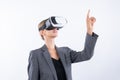 Smart leader touching at program or working while using VR glasses. Contraption. Royalty Free Stock Photo