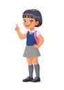 Smart little Asian school girl index finger pointing up with idea. Cartoon vector illustration. Royalty Free Stock Photo