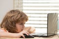 Smart little caucasian boy child sit at table study at laptop notebook, prepare homework at home, kids education concept Royalty Free Stock Photo