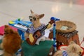 A smart little dog dressed up as a cute musician, a dog playing guitar on a shopping mall