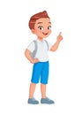 Smart little school boy index finger pointing up with idea. Cartoon vector illustration.
