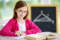 Smart little schoolgirl with pen and books writing a test in a classroom Royalty Free Stock Photo