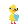 Smart little yellow duckling in glasses reading book cartoon character vector illustration