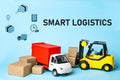 Smart logistics concept. Truck near forklift and icons on blue background Royalty Free Stock Photo